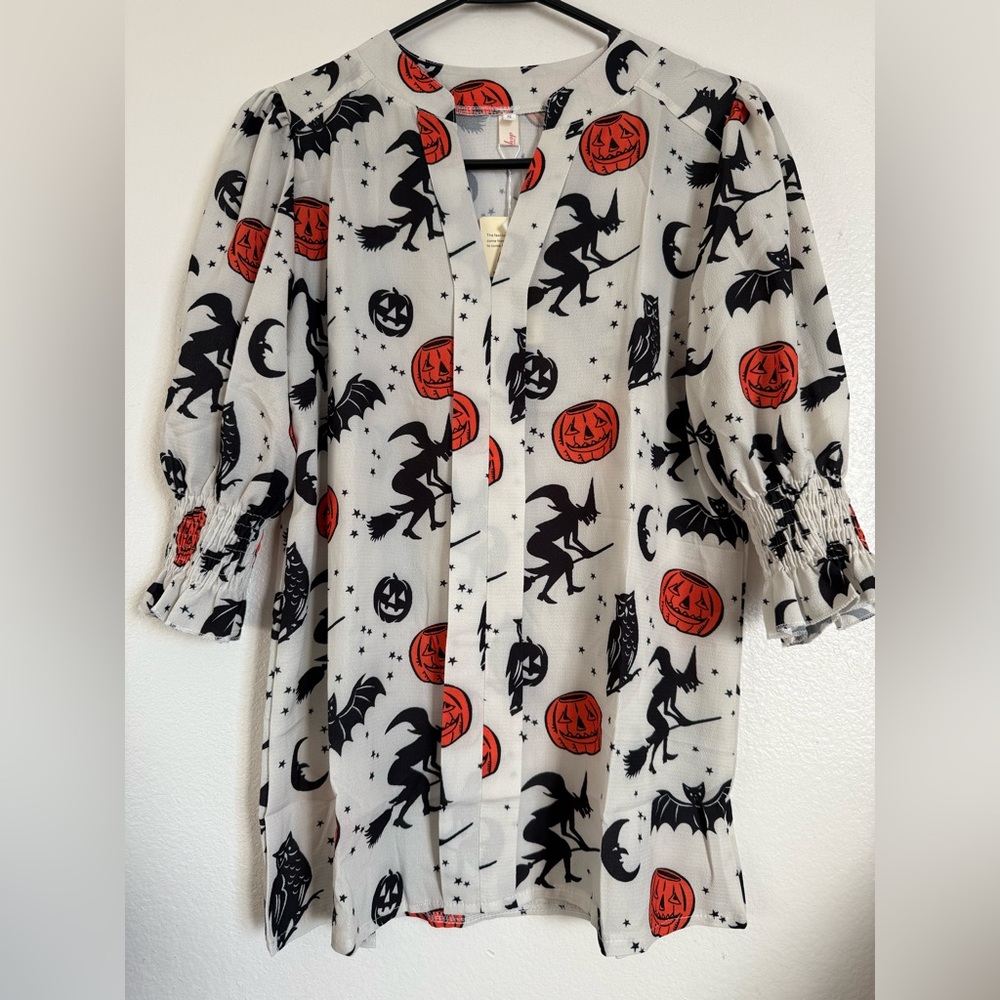 Halloween Pumpkin Print Ruffle Sleeve Top Size Small